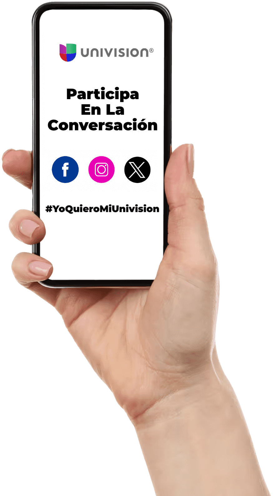 Univision logo. Sé parte de la Conversación en Facebook, Instagram, y Twitter. #quieroMiUnivisio